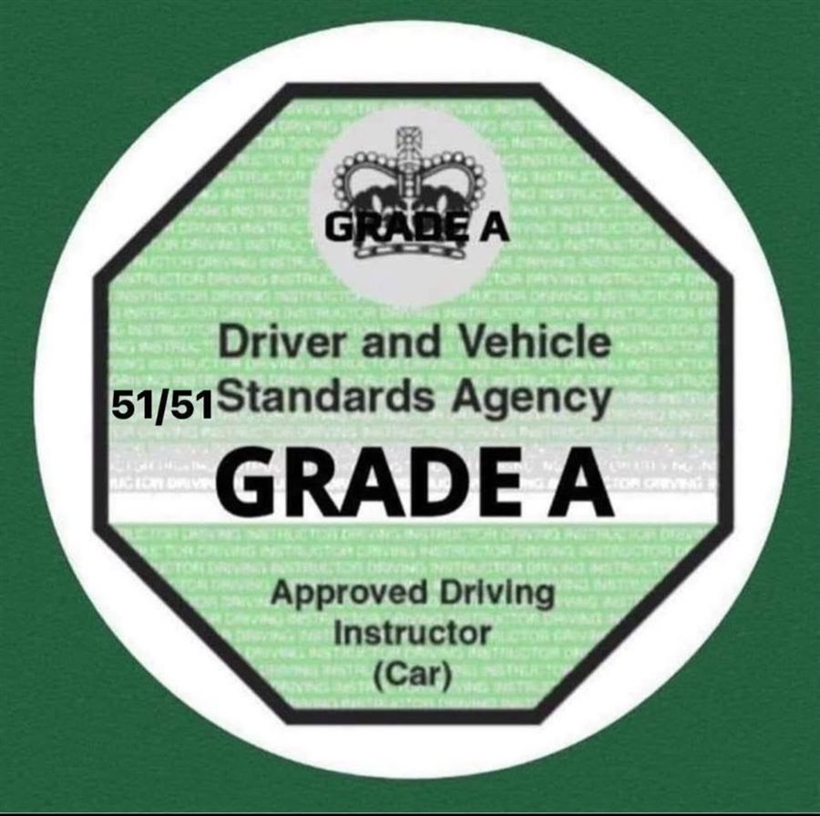 DVSA Grade A badge — Driver and Vehicle Standards Agency Approved Driving Instructor, scored 51 out of 51